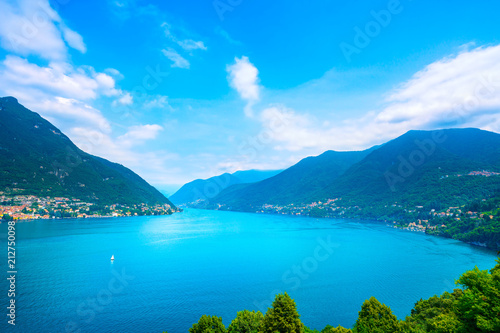 Como Lake landscape. Lake, alps and Carate Laglio village view, Italy photo