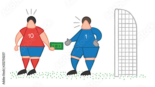 Vector cartoon soccer player man giving bribe and goalkeeper taking money