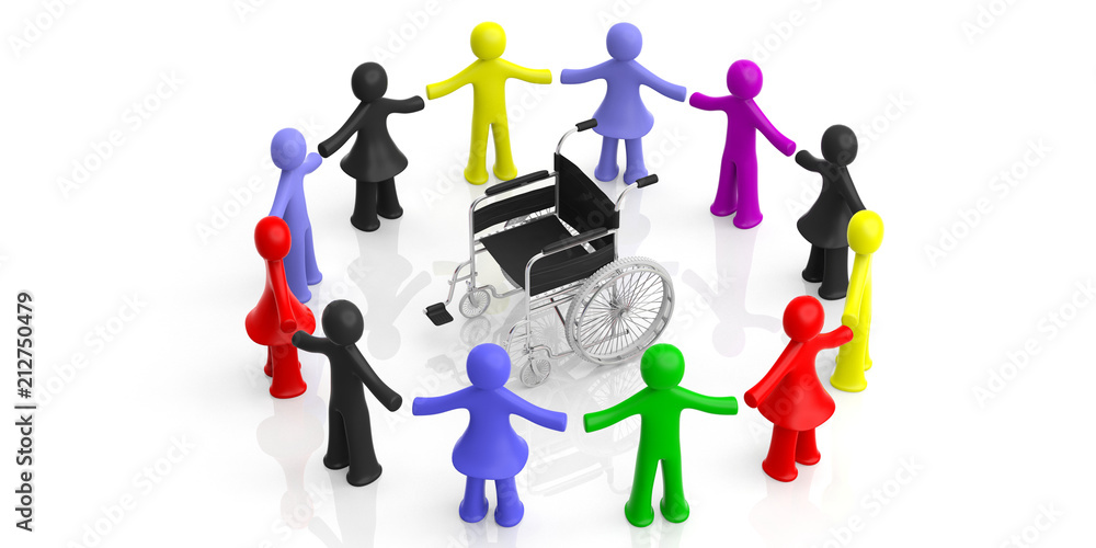 Circle of colorful human figures, wheelchair in the center, isolated on white background. 3d illustration