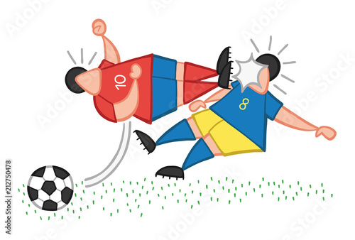 Vector cartoon aggressive soccer player man flying kick to other soccer player's face