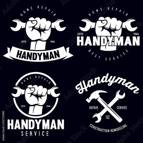 Handyman labels badges emblems and design elements. Tools silhouettes. Carpentry related vector vintage illustration.