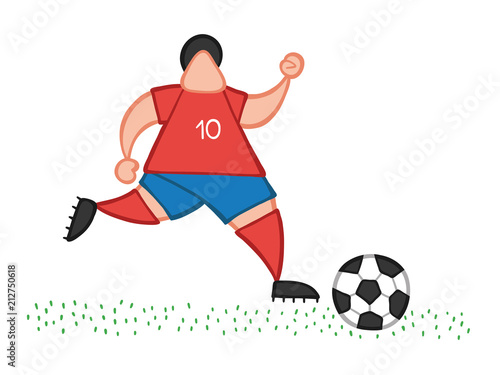 Vector cartoon soccer player man running and dribble ball on pitch