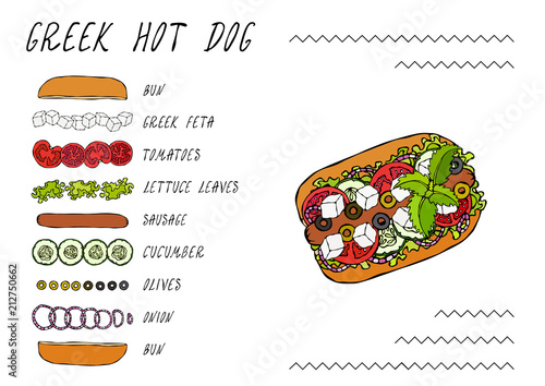 Greek Hot Dog Ingredients Constructor. Feta Cheese, Basil. Olives, Lettuce Salad, Tomato, Cucumber. Fast Food Collection. Hand Drawn High Quality Vector Illustration. Doodle Style.
