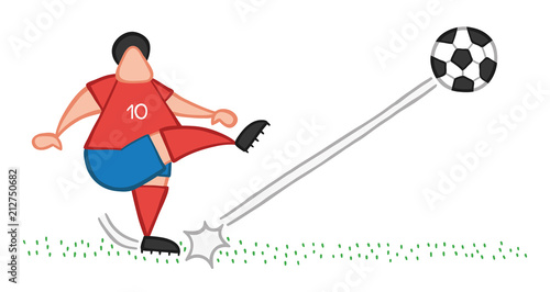 Vector cartoon soccer player man shooting ball on pitch