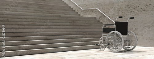 Wheelchair empty infront of concrete stairs. 3d illustration photo