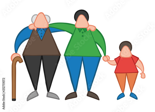 Vector cartoon old man standing with walking stick, hugging his son and grandson