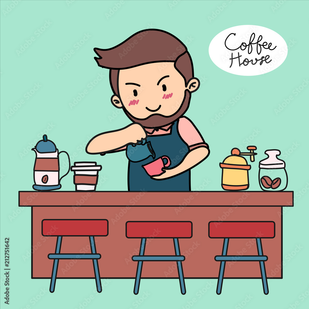 doodle hand drawn barista pouring latte art in coffee shop doodle hand drawn barista pouring latte art in coffee shop
