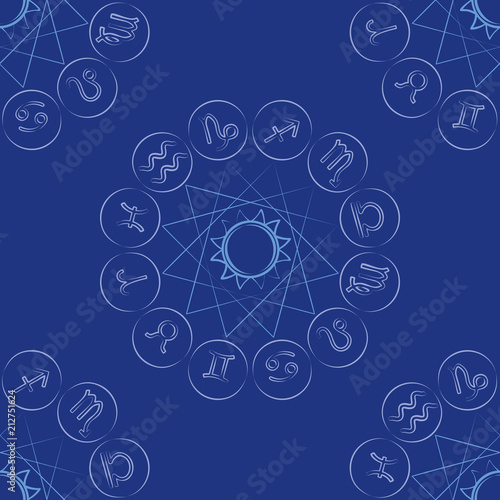 Zodiac wheel seamless pattern on blue background