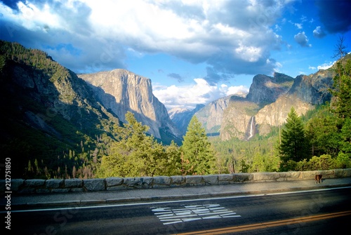 mountain scape sky waterfall road