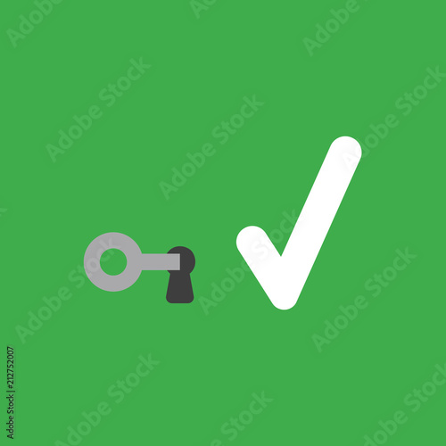 Vector icon concept of key into keylock and check mark on green background