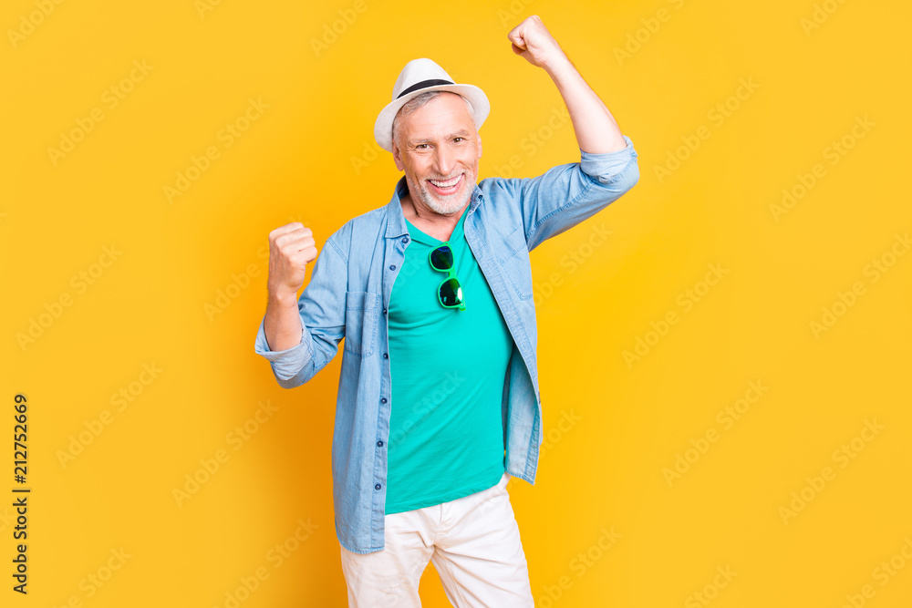 Wow omg hooray yeah! Close up photo portrait of handsome bearded stubble bristle toothy beaming smile guy granddad grandpa dancing jumping screaming isolated on bright vivid background