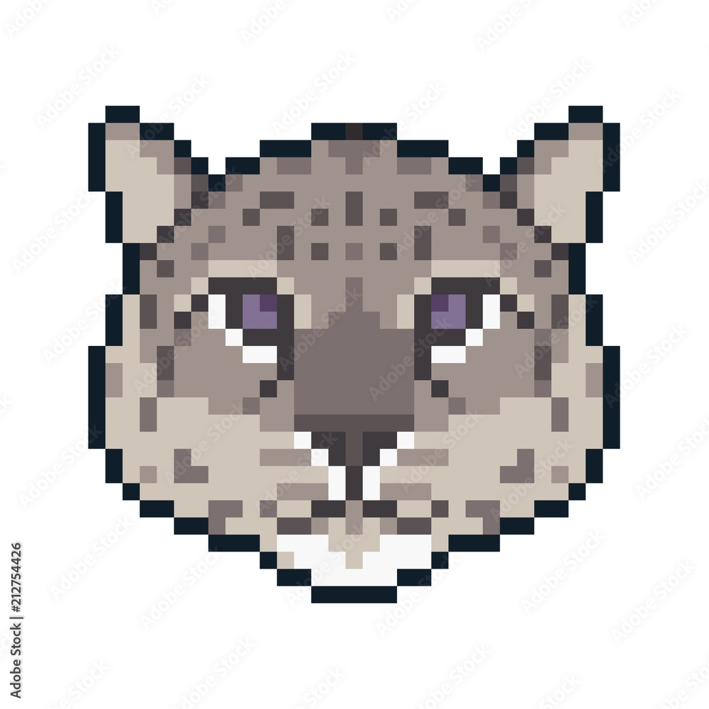 Pixel art snow leopard isolated on white background. Stock Vector
