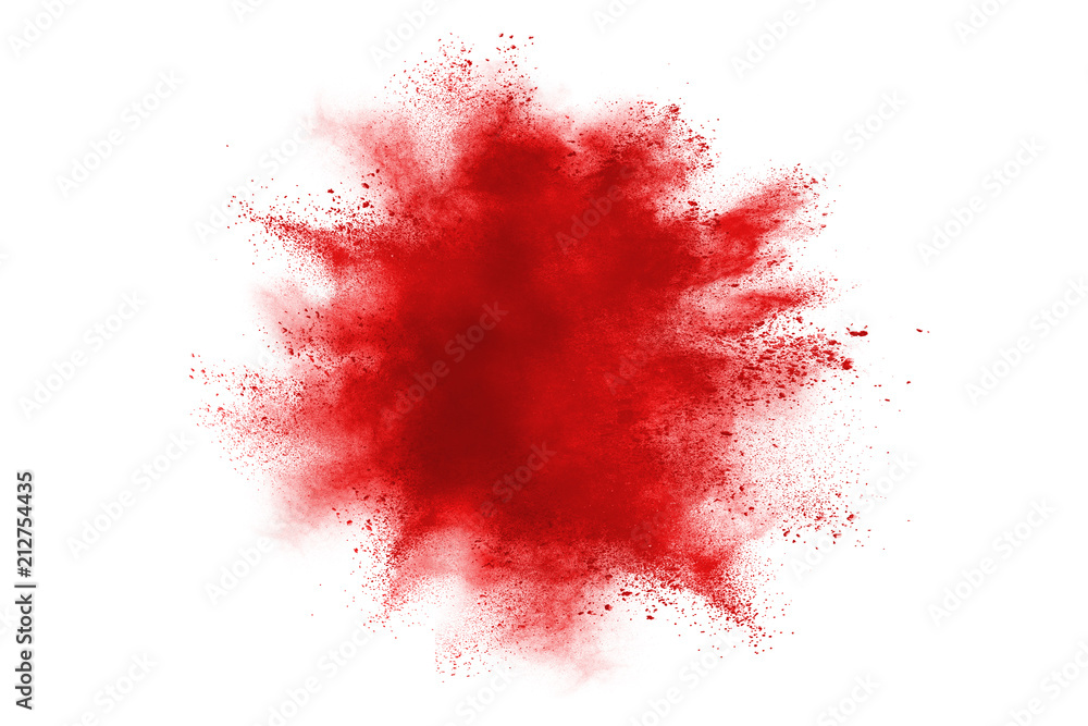 Freeze motion of red powder explosions isolated on white background.