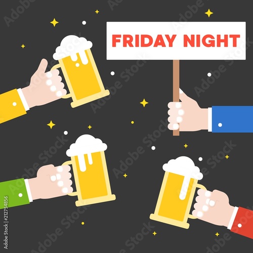 Business hand holding beer jug celebration for Friday night, flat design