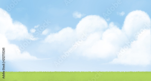 Digital illustration painting of blue sky white clouds with green grass hill top for background, children's illustration styles.