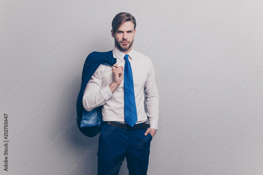 People clothes apparel manhood person concept. Portrait of stylish serious confident self-assured proud trendy handsome manager carrying blazer on shoulder isolated on gray background copy-space People clothes apparel manhood person concept. Portrait of stylish serious confident self-assured proud trendy handsome manager carrying blazer on shoulder isolated on gray background copy-space