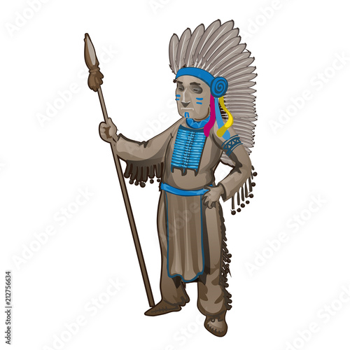 The statuette of the leader of a tribe of Indians isolated on white background. Cartoon vector close-up illustration.