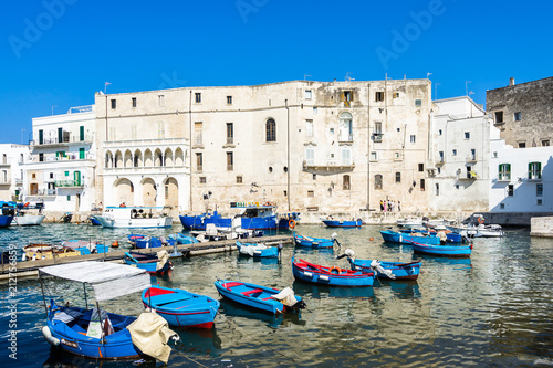 Scenic view of Monopoli harbor with colorful azure fishing boats  Apulia  Italy