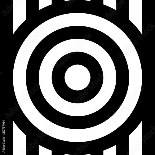Seamless pattern with circles and striped black white straight lines. Optical illusion effect. Geometric tile in op art style. Vector illusive background for cloth, textile, print, web.