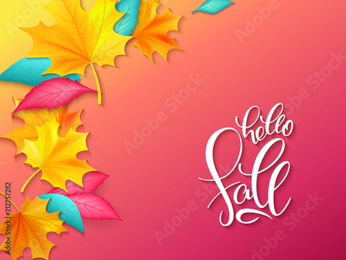 Vector banner with hand lettering label - autumn - and realistic bright leaves