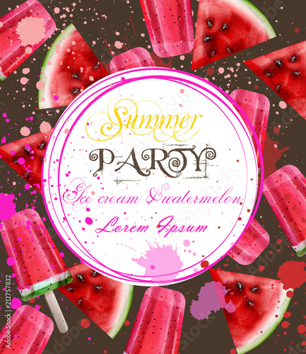 Watercolor Ice cream and watermelon card Vector. Party Invitation summer back...
