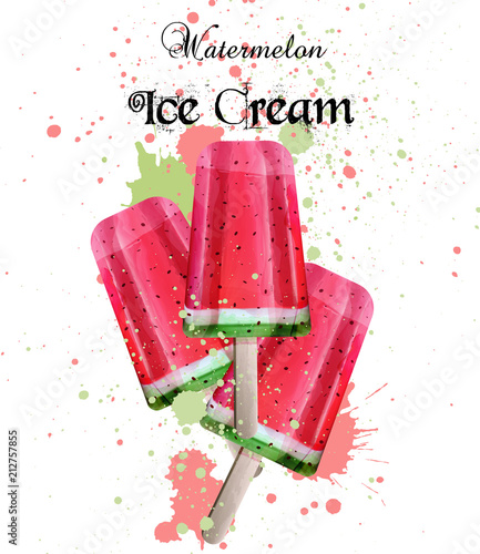 Watercolor ice cream Vector. Summer dessert watermelon flavors