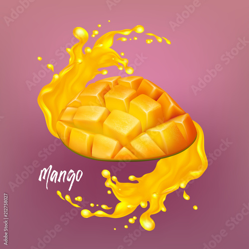 Mango juice with ripe fruits. Sliced mango cubes and juice splash. Realistic vector illustration. 