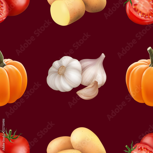 Seamless pattern with vegetables. Vegeterian food. Tomato, pumpkin, cabbage, potatoes onion broccoli carrot pepper and garlic. 3d realism vector illustration.
