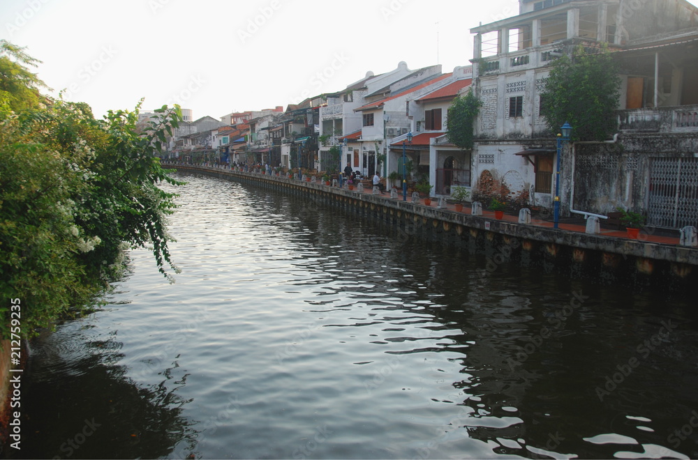 Embankment of Melaka city centre with colorful houses, Malaysia