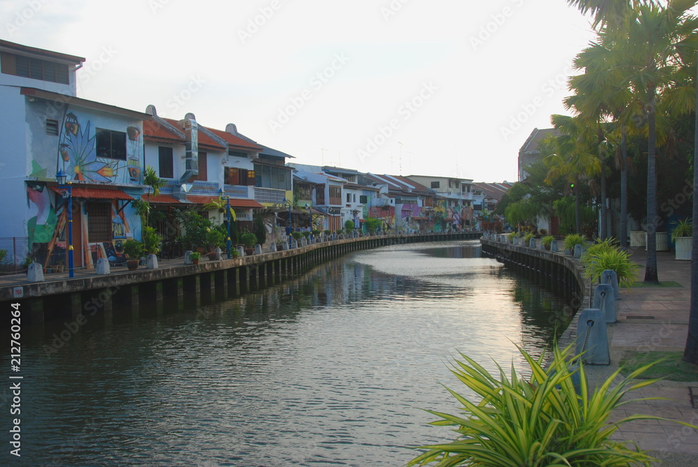 Embankment of Melaka city centre with colorful houses, Malaysia