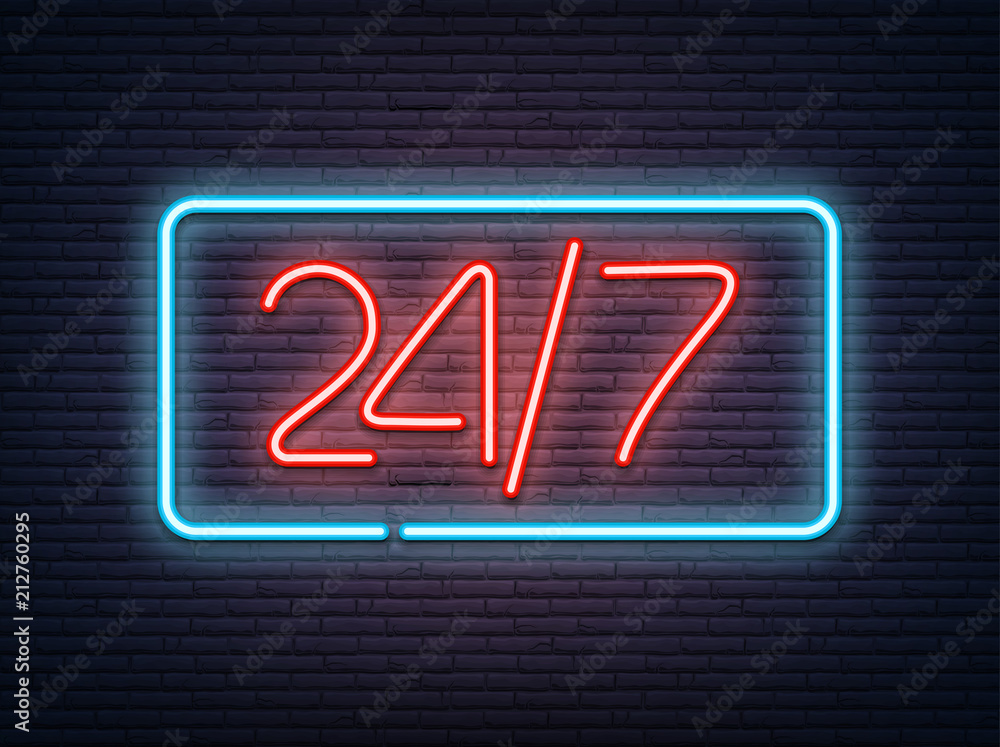 Neon luminous 24/7 signboard on grey bricklaying wall. Neon luminous 24/7 signboard on grey bricklaying wall.