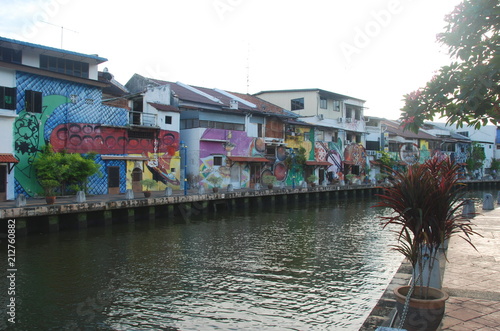 Embankment of Melaka city centre with colorful houses, Malaysia photo