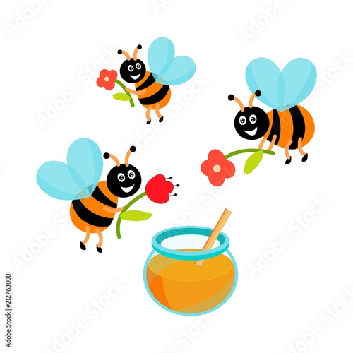 Funny bee. Forest animal, collecting honey, smiling cartoon cute wild character. Flat vector design photo