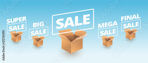 Sale banner delivery cardboard boxes icons - super sale, big, mega, final sale text vector
