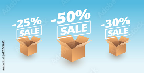 Sale banner delivery cardboard boxes icons - discount sale vector illustration