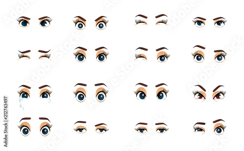 Cartoon female eyes. Colored vector closeup eyes. Female woman eyes and brows image collection set. Emotions eyes. Illustration