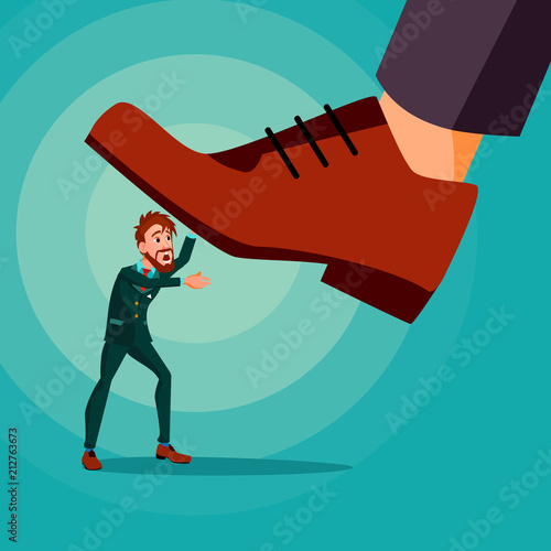 Big Foot Stepping On Businessman Vector. Shoes. Stomping Foot. Oppressed. Confrontation Strategy. Cartoon Illustration