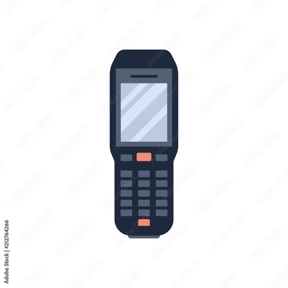 Vector illustration of hand holding bar code scanner or reader isolated on white background. Vector illustration of hand holding bar code scanner or reader isolated on white background.