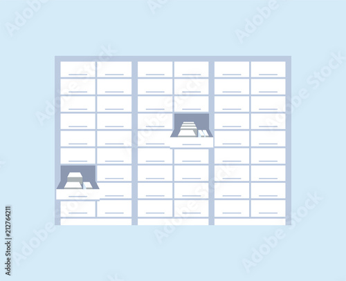 Vector illustration of modern interior design pharmacy or drugstore. Showcase and shelves with medicines, pills and capsules.