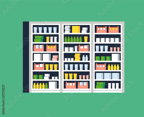 Vector illustration of modern interior design pharmacy or drugstore. Showcase and shelves with medicines, pills and capsules.
