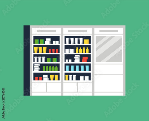 Vector illustration of modern interior design pharmacy or drugstore. Showcase and shelves with medicines, pills and capsules.