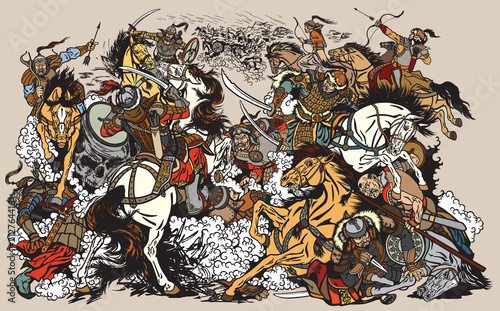 Battle between Mongols clans and tribes .Time of Genghis Khan .Medieval Asian cavalry warriors fighting with swords and nomads archery shooting a bow and arrows. . Graphic style vector illustration