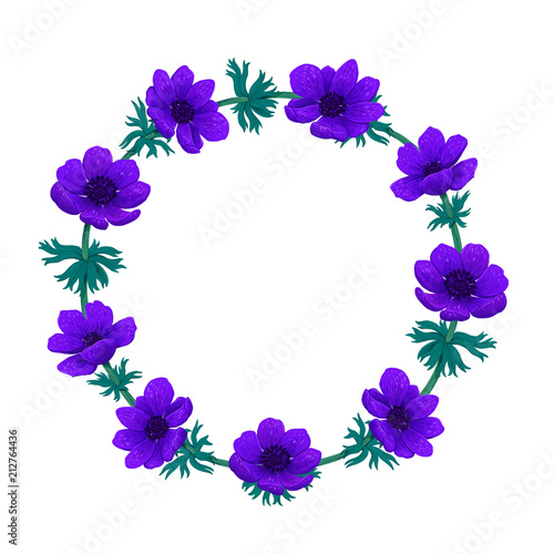 Violet flowers wreath. Beautiful blue anemones. Color pencil digital illustra...