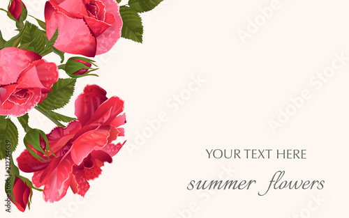 Template for greeting cards, wedding decorations, invitation,sales. Vector banner with Luxurious roses flowers. Spring or summer design.
