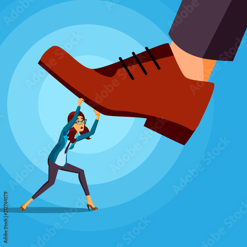 Big Foot Stepping On Business Woman Vector. Conflict. Risk Management. Scary Competition. Motivation. Cartoon Illustration