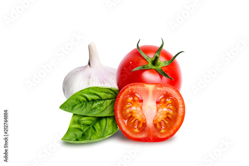 Isolated tomatoes, garlic and basil