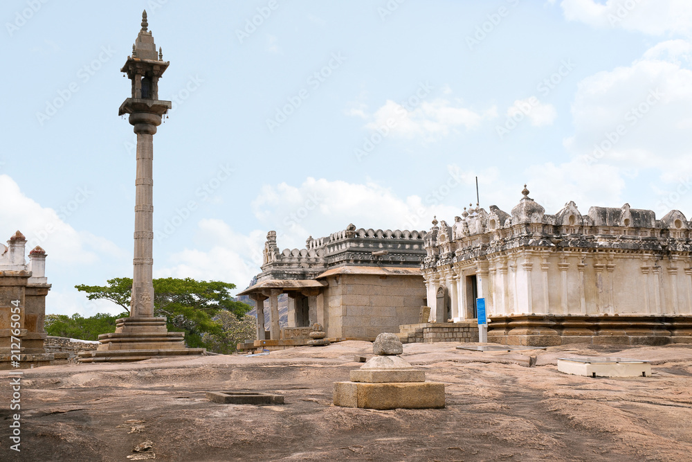 General view of Chandragiri hill temple complex, Sravanabelgola, Karnataka. From left - Manastambha, Parshwanatha Basadi, and Shasana Basadi