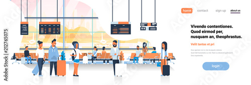 man woman waiting takeoff in airport hall departure lounge passengers terminal check interior flat banner copy space vector illustration