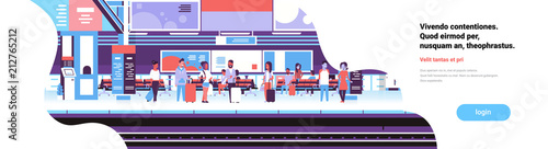 man woman waiting train railway station passengers underground interior flat banner copy space vector illustration