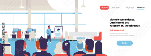 Business people group at conference meeting training courses flip chart with graph flat copy space banner vector illustration